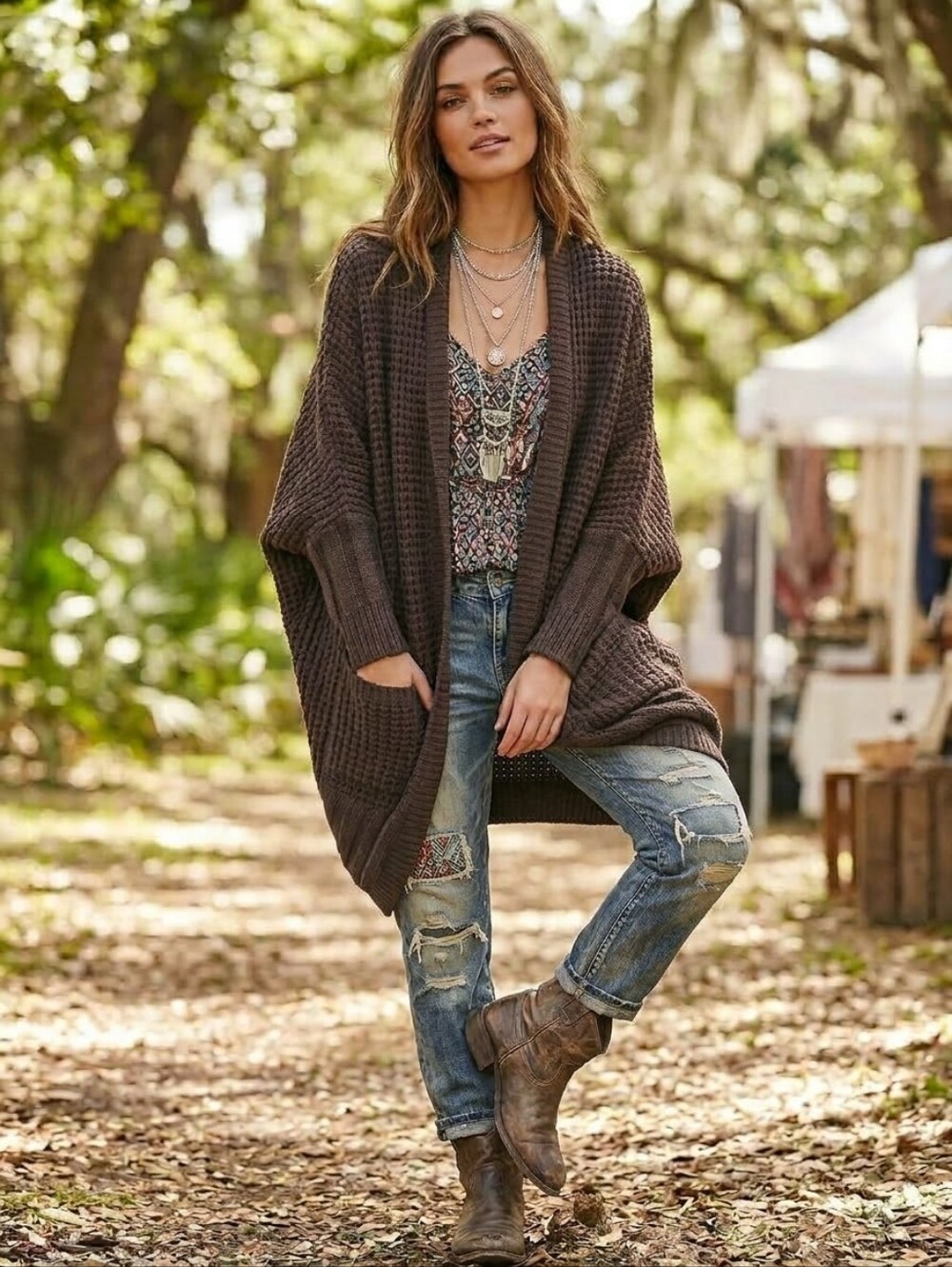BCBGMAXAZRIA NEW Chunky Open Knit XL Oversized Pockets Cardigan Sweater Brown